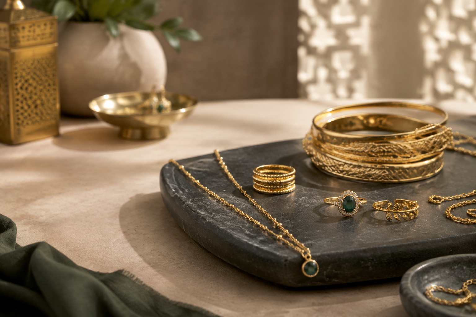 Elegant gold jewelry displayed on a boutique surface